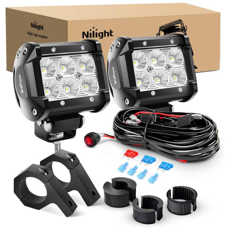 Nilight 2 Stück 10,2 cm 18 W Flut-LED-Lichtleisten, Off-Road-Licht-Montagehalterung, horizontale Rohrklemme mit Off-Road-Kabelbaum, 2 Leitungen von Nilight