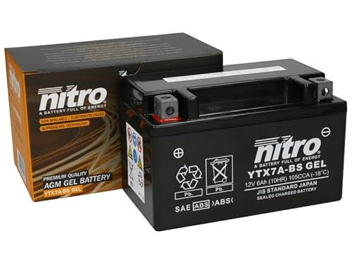 Nitro YTX7A-BS Gel 12V 6AH Motorradbatterie - Wartungsfrei & Langlebig | Passend für viele Roller | Sicher & Umweltfreundlich von Nitro