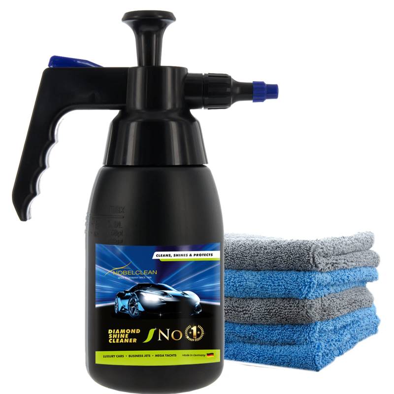 Nobelclean NC1 Hochglanz Autoreiniger - Felgenreiniger, 1 Liter Black Edition + 5 hochwertigste Mikrofasertücher, perfekte Autopflege - Autowäsche, Umweltfreundlich ohne Wasser nutzbar, vom Profi von NobelClean