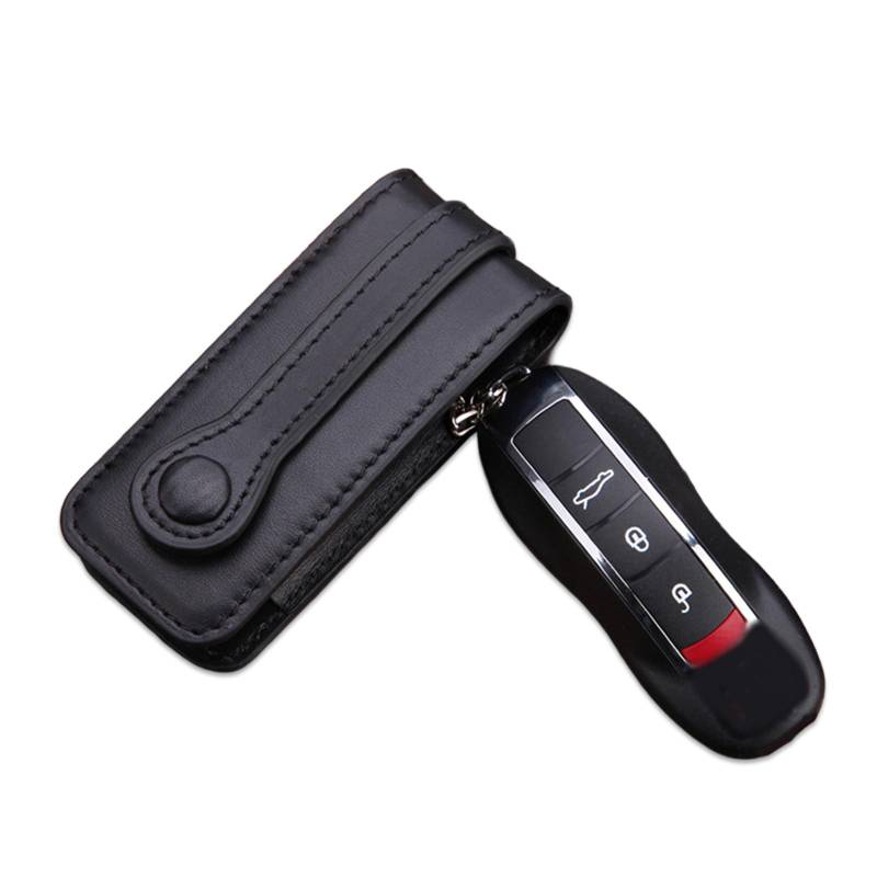 Noreyvis Echtes Leder schlüssellose Eingabe Smart Key Fob Fall Schutz Halter Shell kompatibel für Porsche Boxster Cayenne Panamera Cayman Macan Carrera 911 991(Schwarz) von Noreyvis