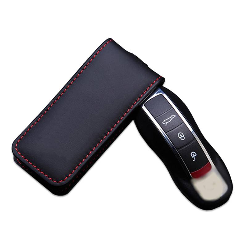 Noreyvis Echtes Leder schlüssellose Eingabe Smart Key Fob Fall Schutz Halter Shell kompatibel für Porsche Boxster Cayenne Panamera Cayman Macan Carrera 911 991(Schwarz Rot) von Noreyvis