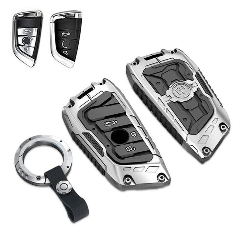 Noreyvis Zinklegierung Metall Schlüsselanhänger Fall Abdeckung Schlüssel Shell Protector Zubehör mit Schlüsselanhänger kompatibel für BMW 1 2 3 4 5 6 7 Serie X1 X2 X3 X5 X6(3 Tasten Silber) von Noreyvis