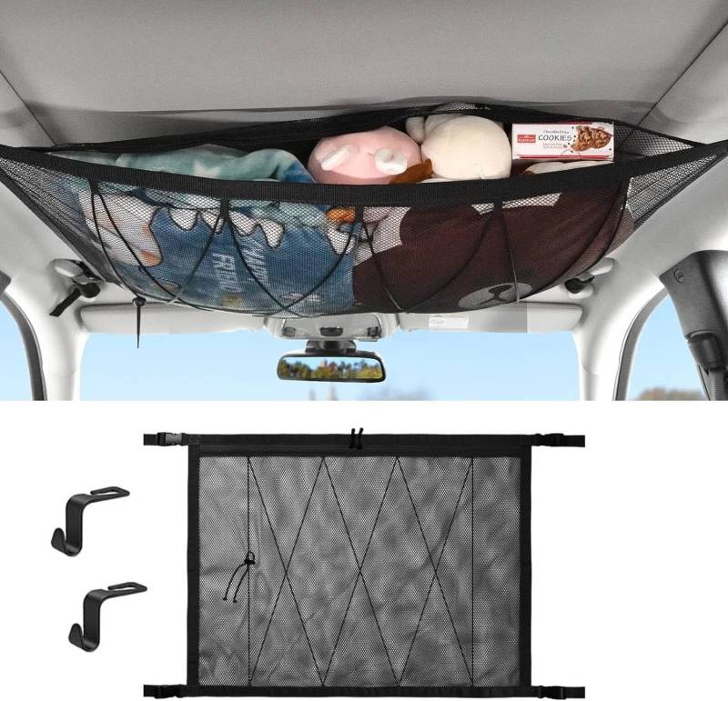 Norhogo Doppelschicht Gepäcknetz Autodecke Dach, 90cmx65cm Gepäcknetz Auto, Autonetz mit Kordelzug mit Rückenlehnenhaken, Auto Gepäcknetz mit Einstellbar Kordelzug von Norhogo