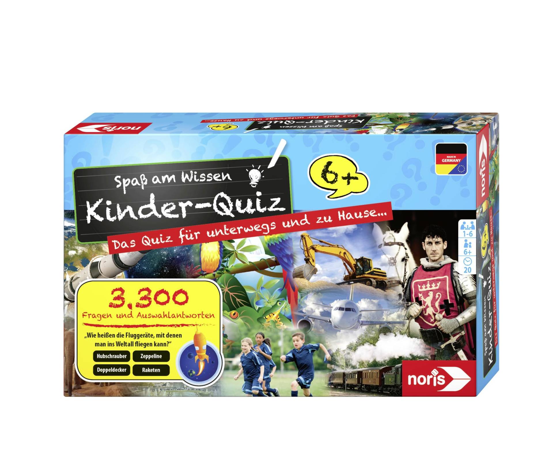 Noris 606013596 Kinder-Quiz – Quizspiel mit 3300 Fragen und Wahlmöglichkeiten, für 1 - 6 Spieler, ideal für Zuhause oder auf Reisen, für Kinder ab 6 Jahre von Noris