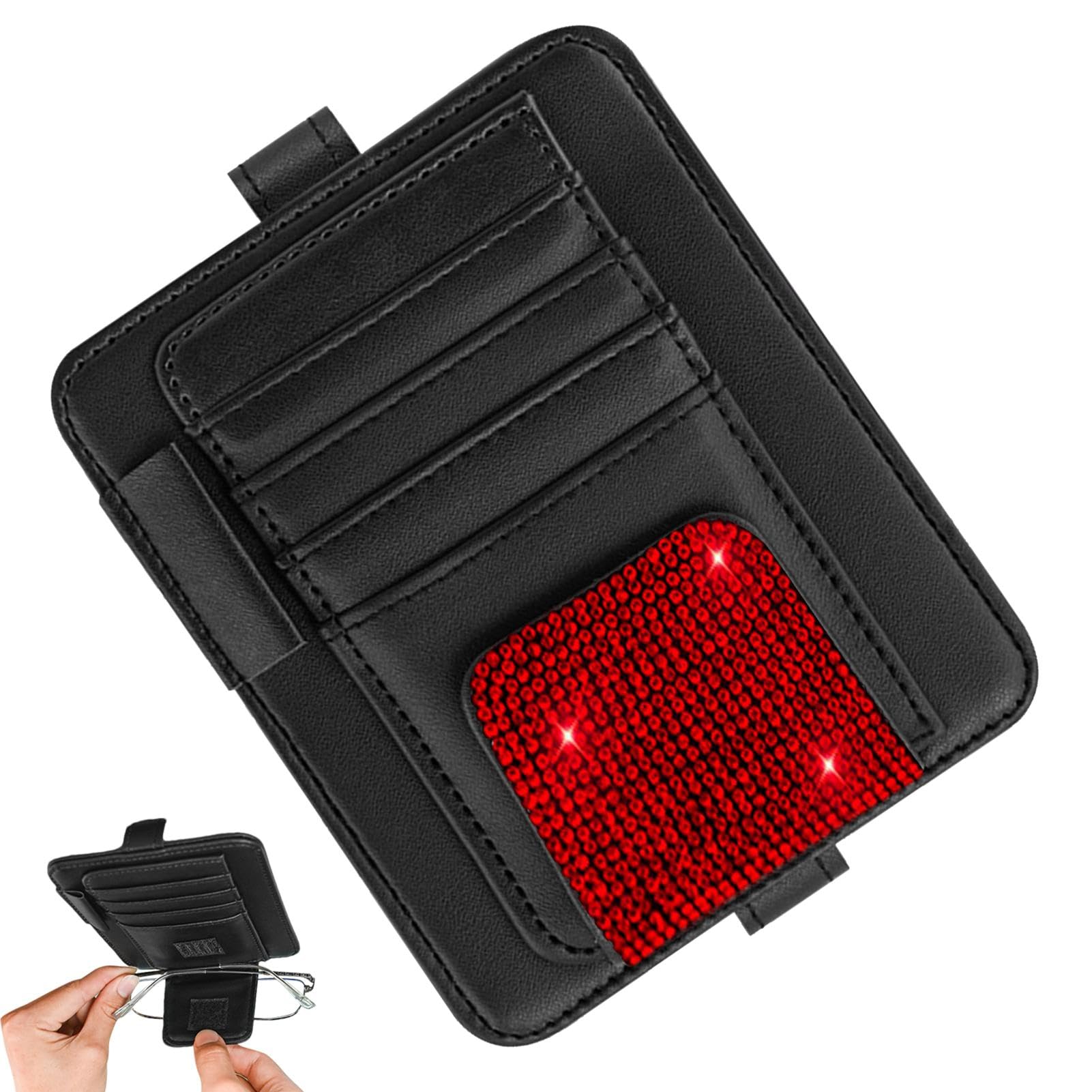 Nubamzy Auto-Sonnenblenden-Organizer – Aufbewahrungstasche für Auto, LKW, Visier, Strassstein-Design, PU-Leder, Auto-Visiertasche, Sonnenbrillen-Clip für Autovisier von Nubamzy