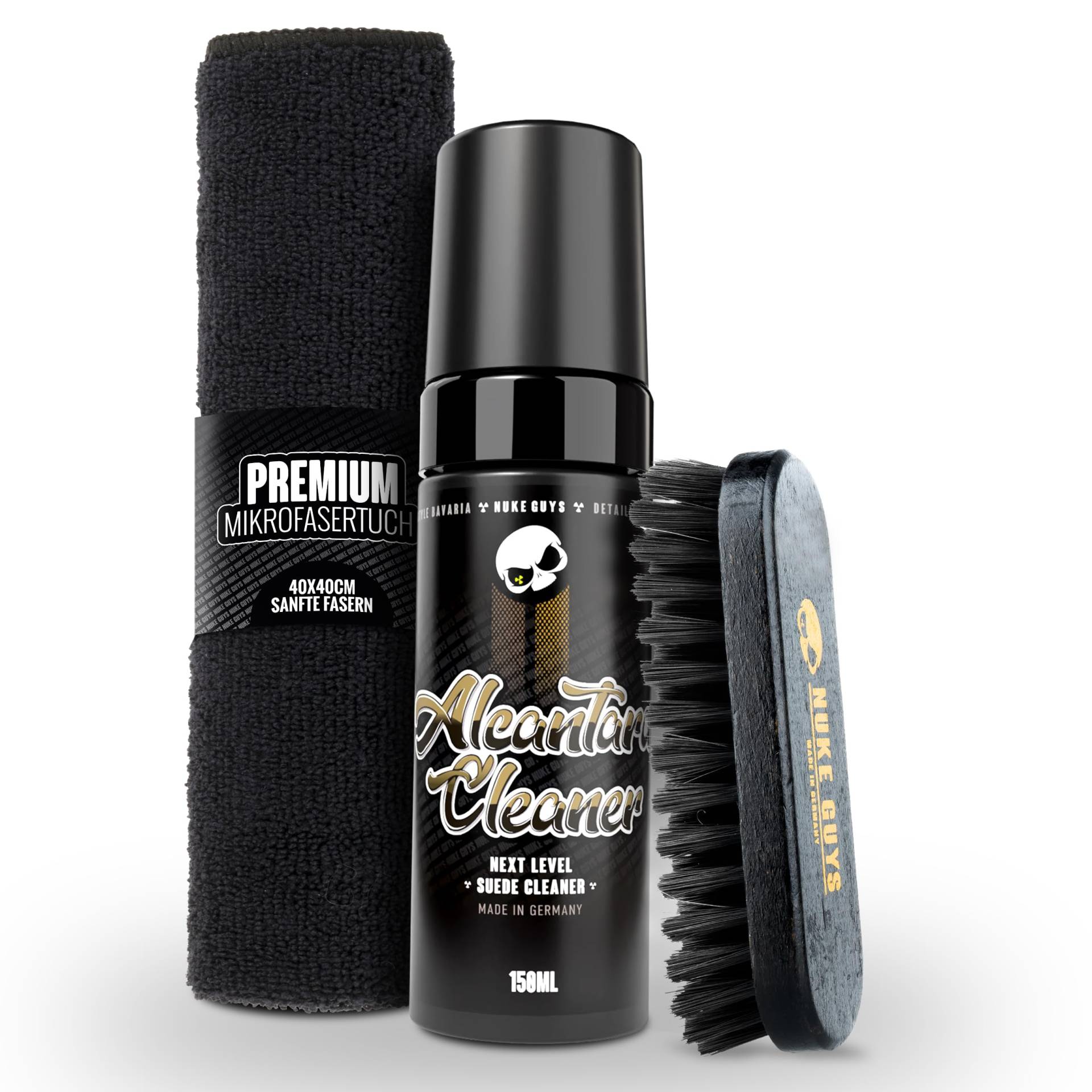 Nuke Guys AlcantaraReiniger Set | 150ml Reiniger geeignet für alle Alcantara Oberflächen + weiche Textilbürste + Mikrofasertuch | Porentiefe Reinigung & Pflege für Sofa Couch Sitze Lenkrad von Nuke Guys