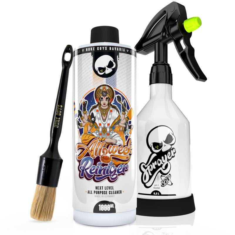 Nuke Guys Allzweckreiniger Bundle - für Auto Innen-& Außenreinigung - Allzweckreiniger Konzentrat 1 Liter + Made by Kwazar Sprühflasche + Detailing Reinigungspinsel von Nuke Guys