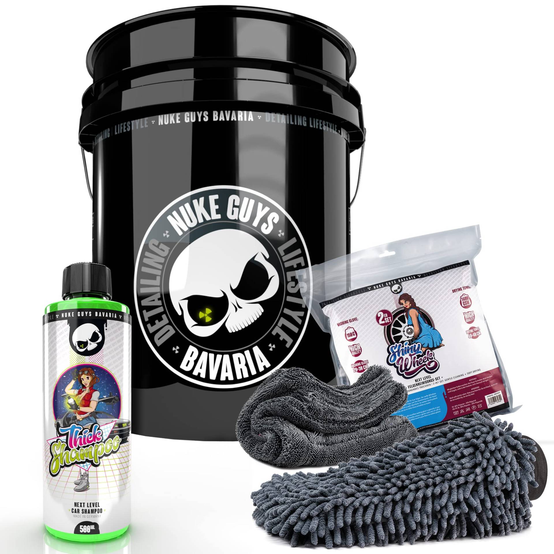 Nuke Guys Auto Wasch Eimer Set Skull Bucket 5GAL + Thick Shampoo 0,5L + Shiny Wheels Mikrofaserset Waschhandschuh & Trockentuch von Nuke Guys