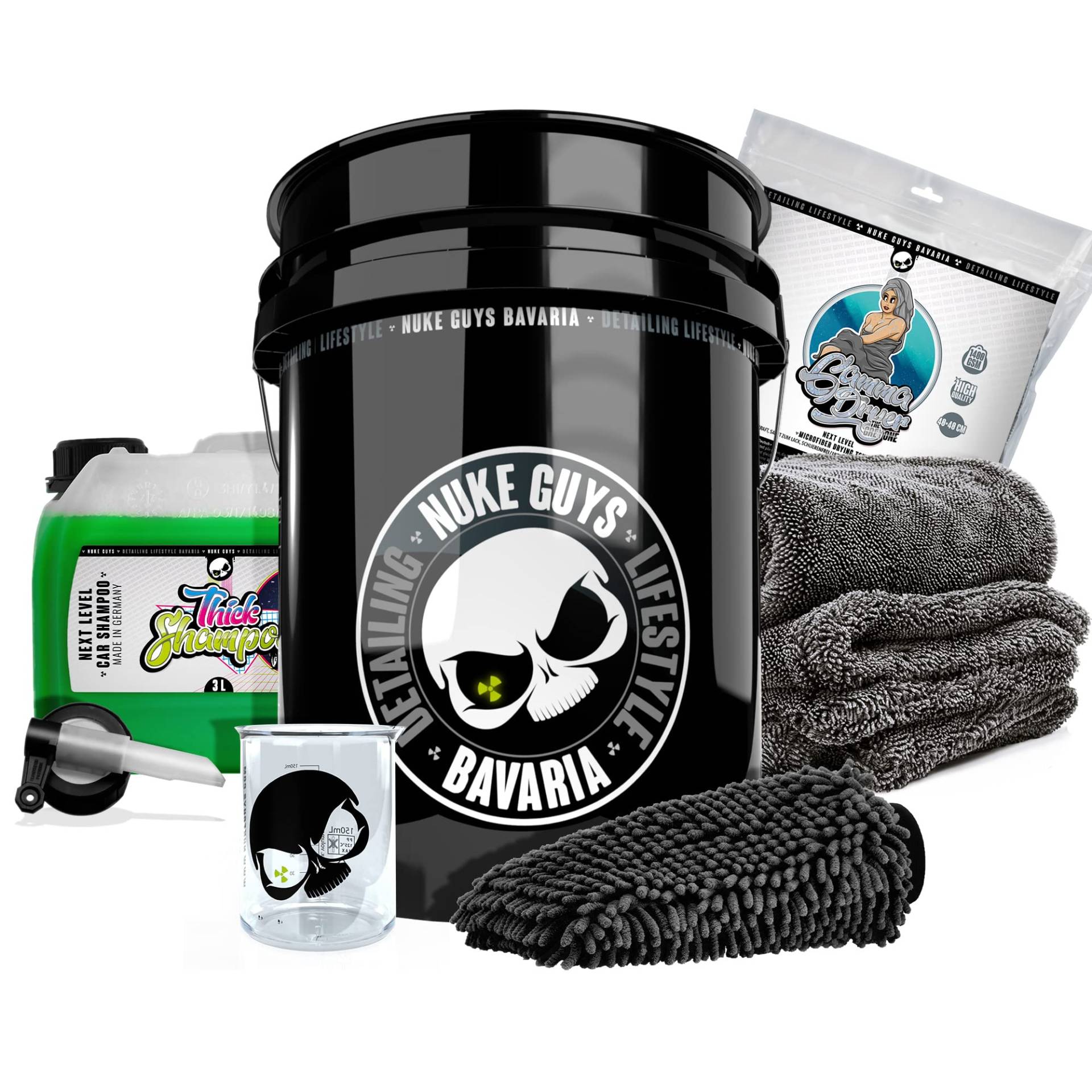 Nuke Guys Auto Wasch Eimer Set Skull Bucket 5GAL + Thick Shampoo 3L Kanister mit Messbecher & Ausgießhahn + Gamma Dryer Trockentuch + Waschhandschuh von Nuke Guys