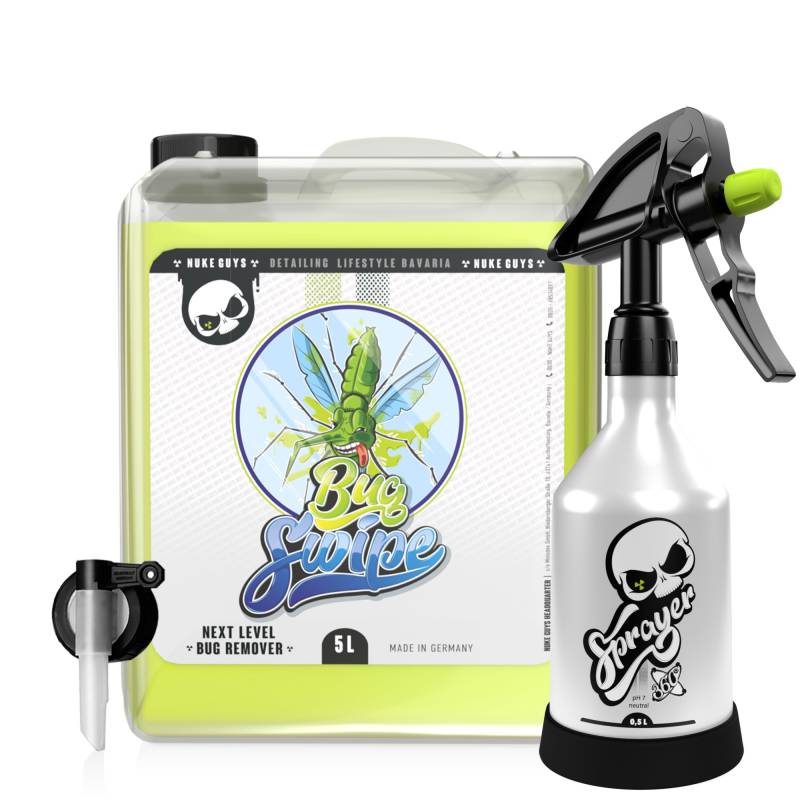 Nuke Guys Bug Swipe Auto Insektenentferner 5 Liter Kanister mit Dispenser und Sprühflasche 0,5L - optimal auch für Motorrad Reinigung, ideal für hartnäckige Verschmutzungen wie Insektenreste von Nuke Guys