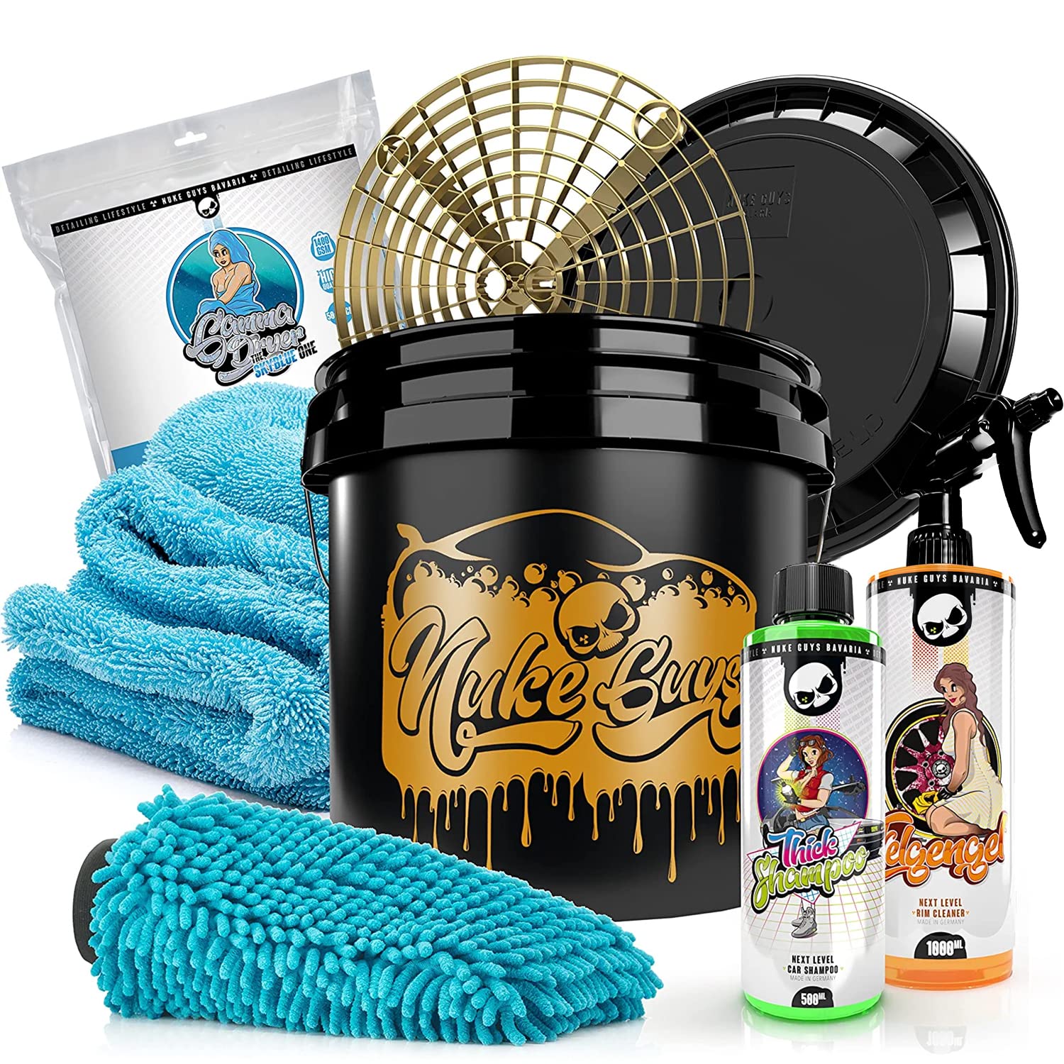 Nuke Guys Handwäsche Auto Bundle - Wascheimer Set: 3,5GAL Bucket - Grit Guard Schmutzfalle - Deckel + Autoshampoo + Felgengel Felgenreiniger + Gamma Dryer XXL Trockentuch 50x80cm + Waschhandschuh von Nuke Guys