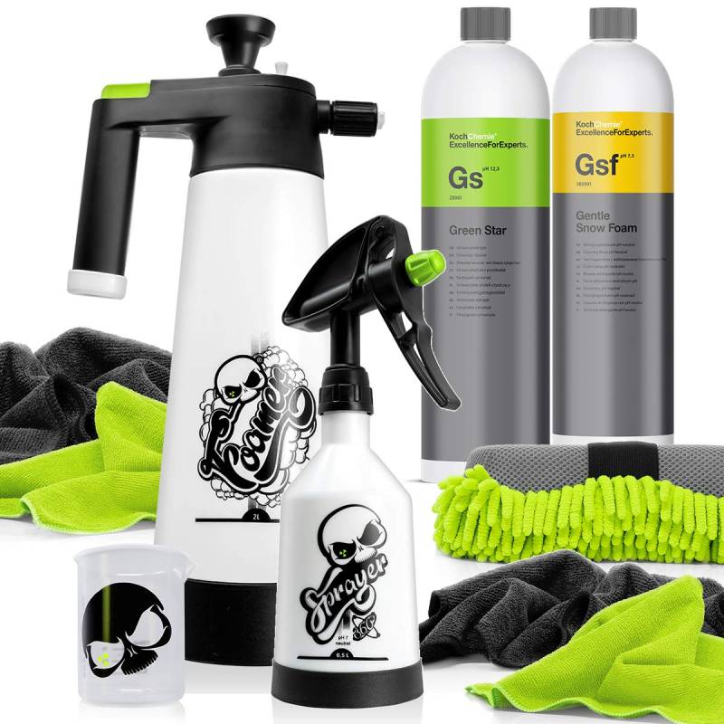 Nuke Guys Koch Chemie Foam Set: KochChemie GreenStar Universalreiniger + KochChemie Gentle Snow Foam + Nuke Guys Sprayer 0,5L + Nuke Guys Foamer 2L + 4 Mikrofasertücher + Nuke Guys Messbecher von Nuke Guys