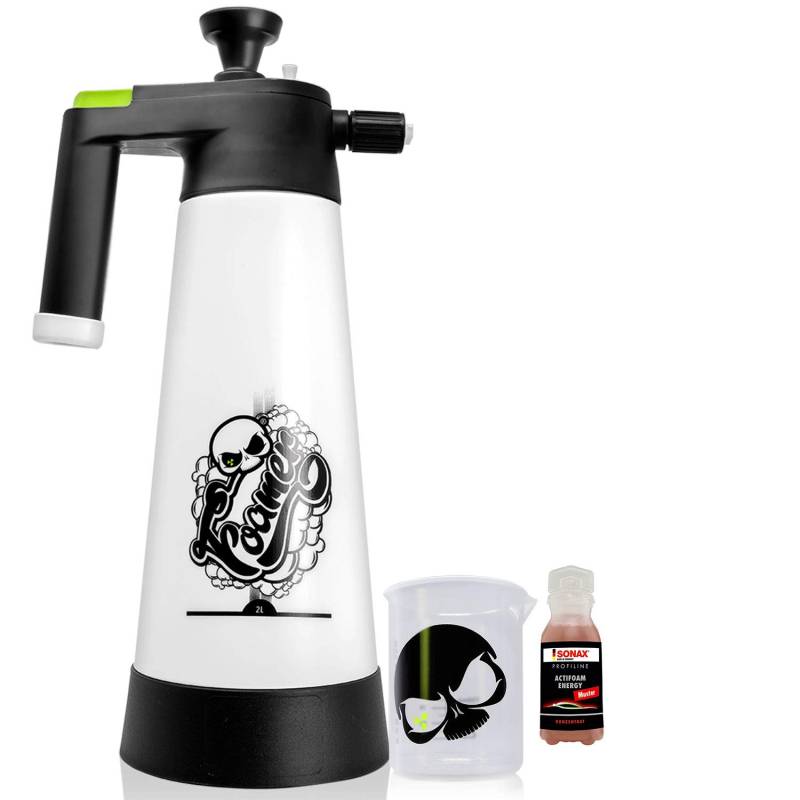 Nuke Guys Snow Foam Set: Nuke Guys Foamer 2L Schaumsprüher + SONAX ProfiLine ActiFoam Energy 25ml Aktivschaum + Nuke Guys Messbecher 150ml skaliert mit Nuke Guys skull von Nuke Guys