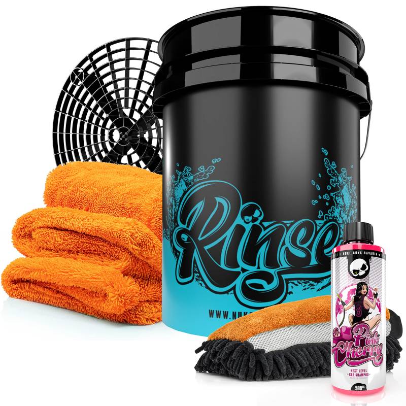 Nuke Guys Starter Auto Rinse Set - Wascheimer mit GritGuard Schmutzeinsatz + Pink Cherry Autoshampoo 0,5l + 3in1 Waschschwamm + Gamma Dryer Twisted Pile Trockentuch XXL + Autopflege - Handwäsche von Nuke Guys