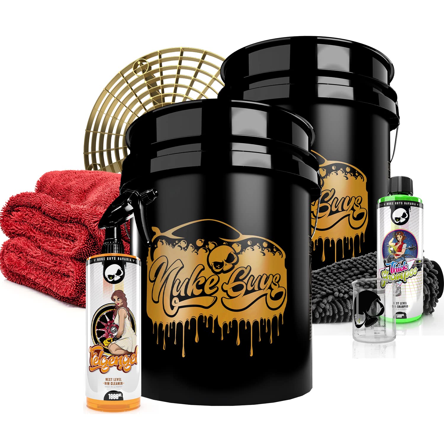 Nuke Guys professionelles Auto Waschset für die optimale Handwäsche - 2X Gold Bucket 5GAL & 1x Grit Guard + Thick Shampoo 500ml + Felgengel 1L + Trockentuch + Waschhandschuh von Nuke Guys