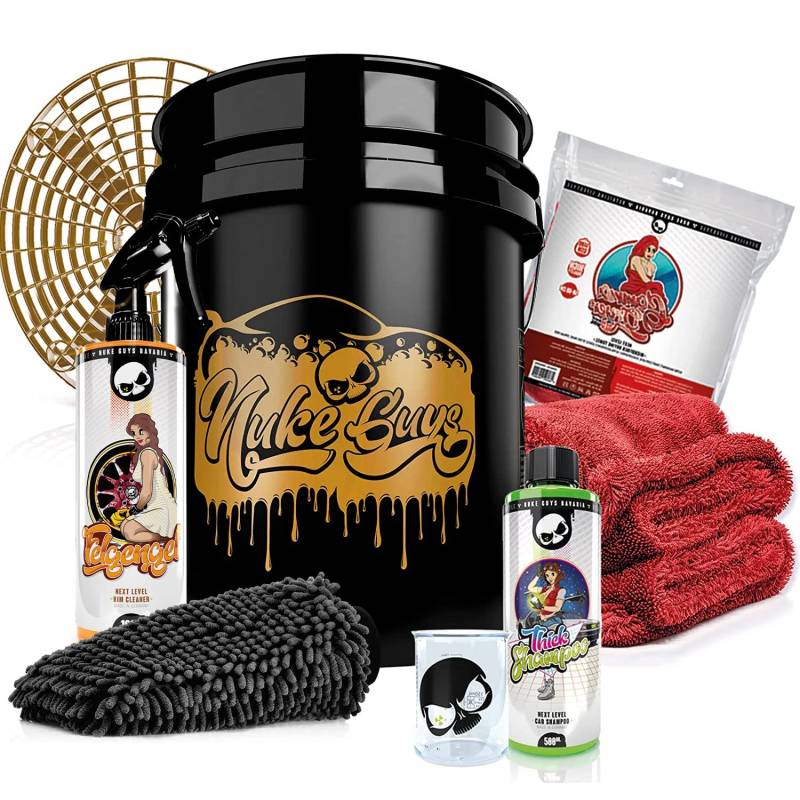 Nuke Guys professionelles Auto Waschset für die optimale Handwäsche - Gold Bucket 5GAL mit Grit Guard + Thick Shampoo 500ml + Felgengel 1L + Gamma Dryer XXL Trockentuch + Waschhandschuh von Nuke Guys