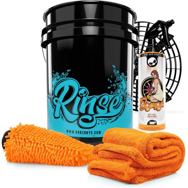 Nuke Guys professionelles Auto Waschset für die optimale Handwäsche - Rinse Bucket 5GAL mit Grit Guard + Felgengel Felgenreiniger 1L pH neutral + Gamma Dryer XXL Trockentuch + Waschhandschuh von Nuke Guys