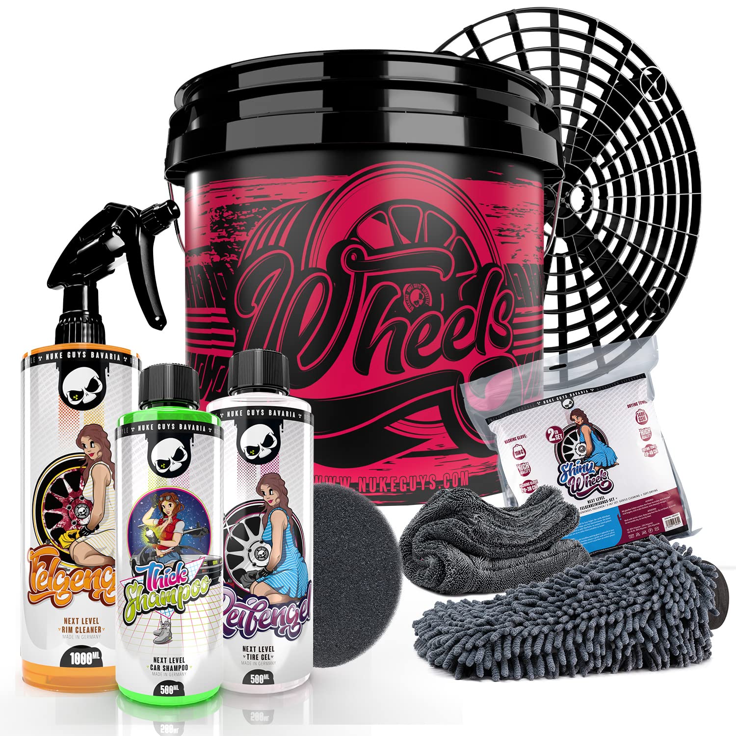 Nuke Guys professionelles Auto Waschset für die optimale Handwäsche: Nuke Guys Wascheimer 3,5GAL, Thick Shampoo, Felgenreiniger, Reifengel, Shiny Wheels Mikrofaserset, Appilkator + Grit Guard von Nuke Guys