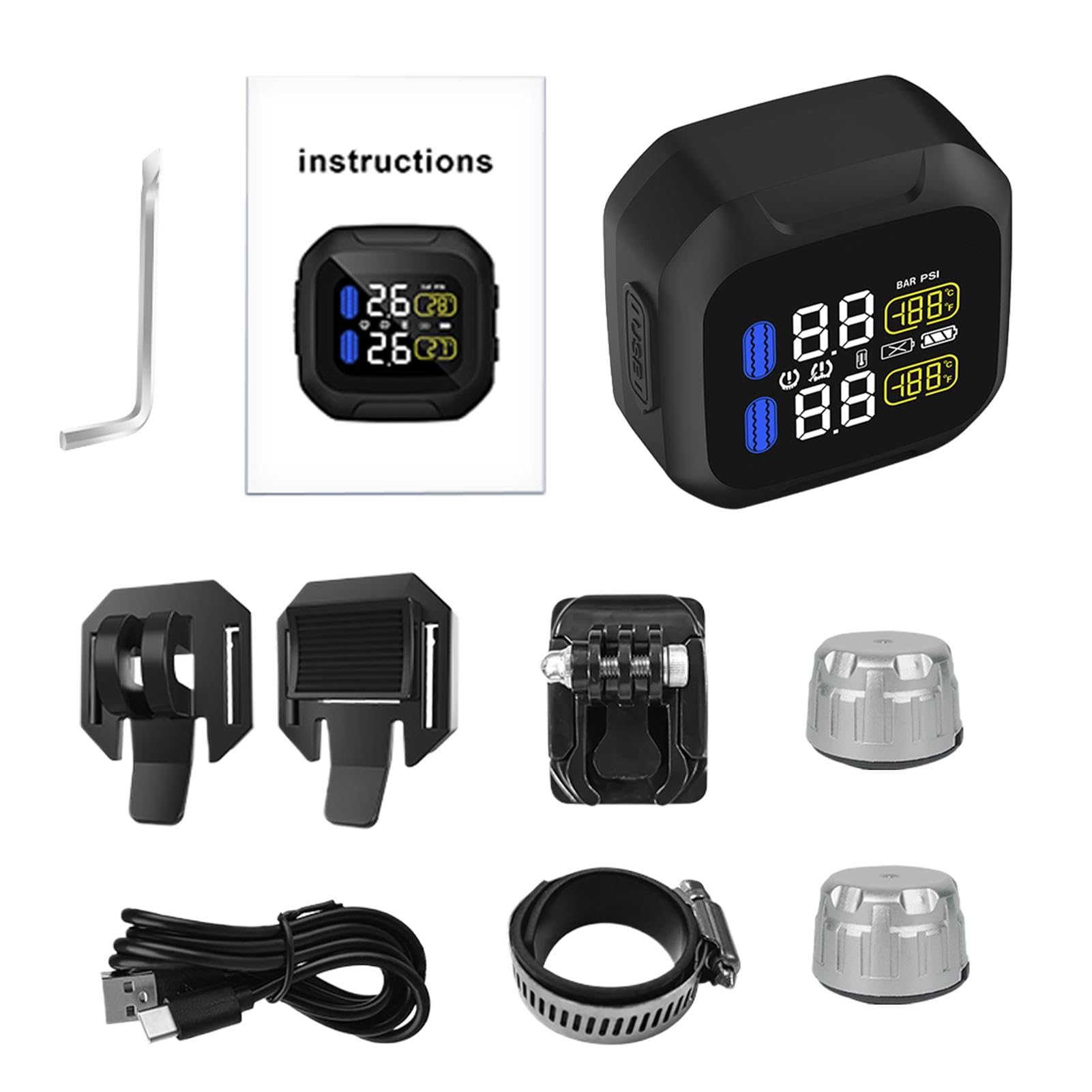 Nuyhgtr Motorrad-Reifendruckkontrollsystem, drahtloses TPMS für Fahrräder, USB-wiederaufladbares TPMS, Roller-Reifendruck-Monitor, 7 Alarmmodi TPMS, Reifendrucksensor für Motorräder von Nuyhgtr