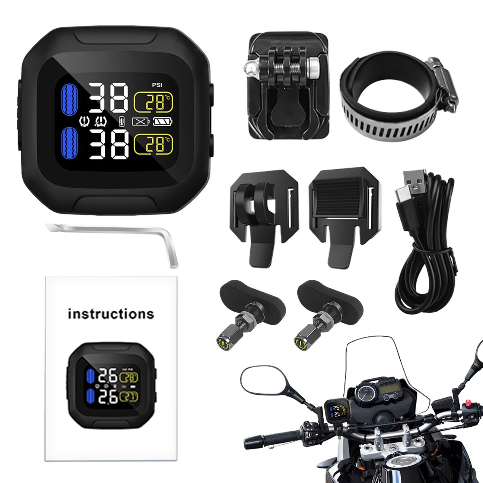 Nuyhgtr Solar Rechargeable Tire Pressure Monitoring System, Tire Pressure Monitoring System for Motorcycle, TPMS with 1000mAh Battery, Versatile Tire Pressure System for Motorcycle von Nuyhgtr