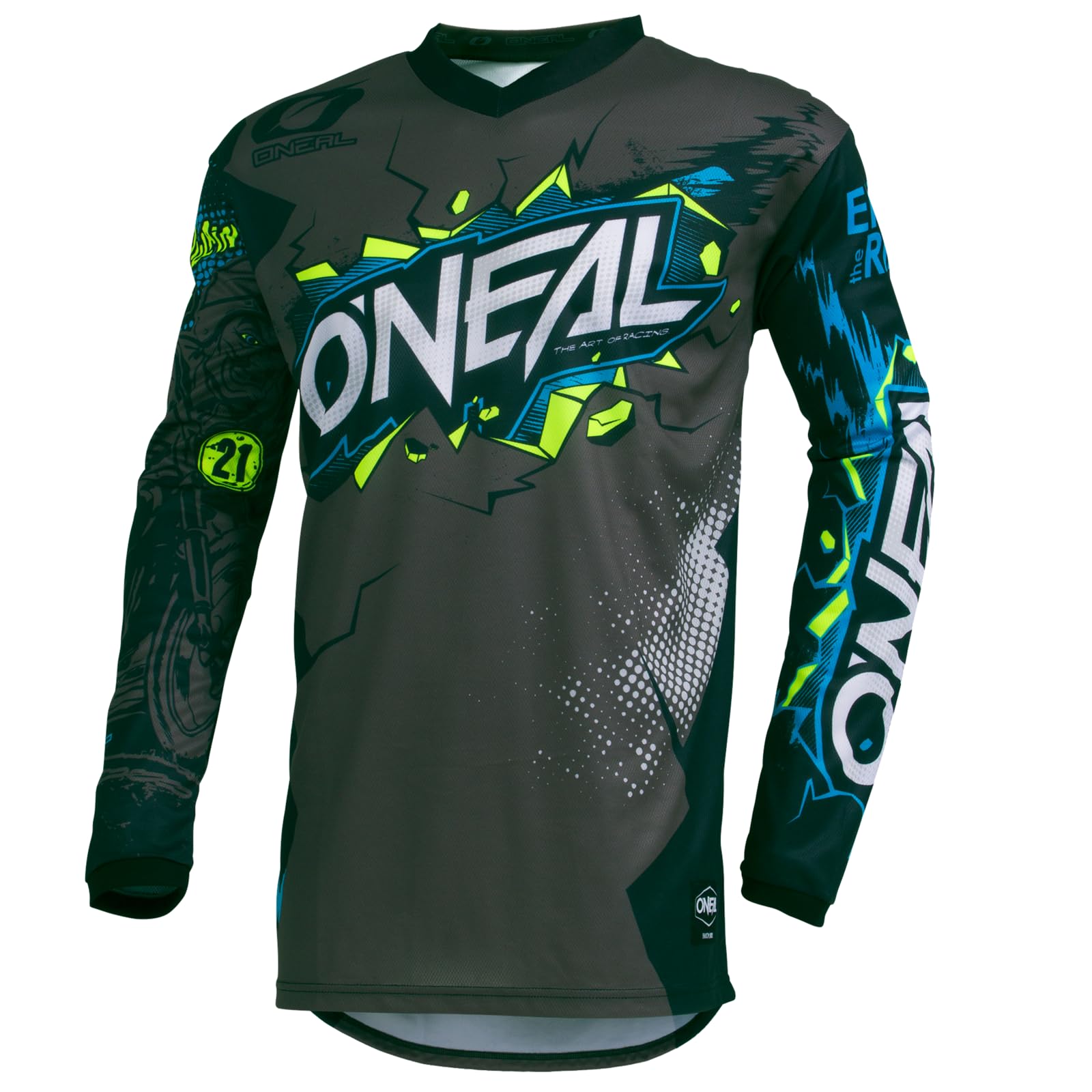 O'NEAL | Motocross-Jersey Langarm | Kinder | MX MTB Mountainbike Enduro | Eingenähter Ellbogenschutz, V-Ausschnitt, Atmungsaktives Material | Element Youth Jersey Villain | Grau | Größe L von O'NEAL