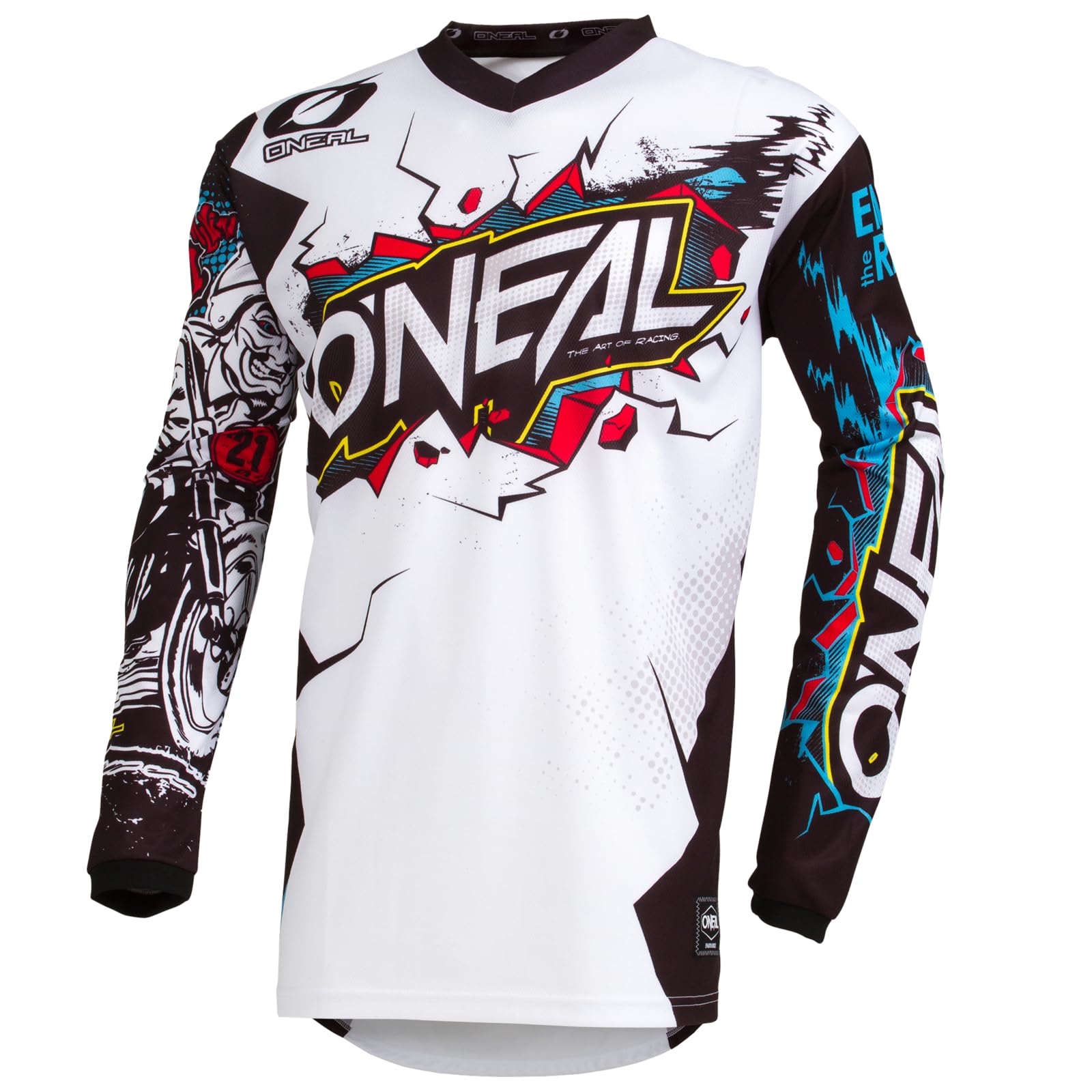 O'NEAL | Motocross-Jersey Langarm | Kinder | MX MTB Mountainbike Enduro | Eingenähter Ellbogenschutz, V-Ausschnitt, Atmungsaktives Material | Element Youth Jersey Villain | Weiß | Größe L von O'NEAL