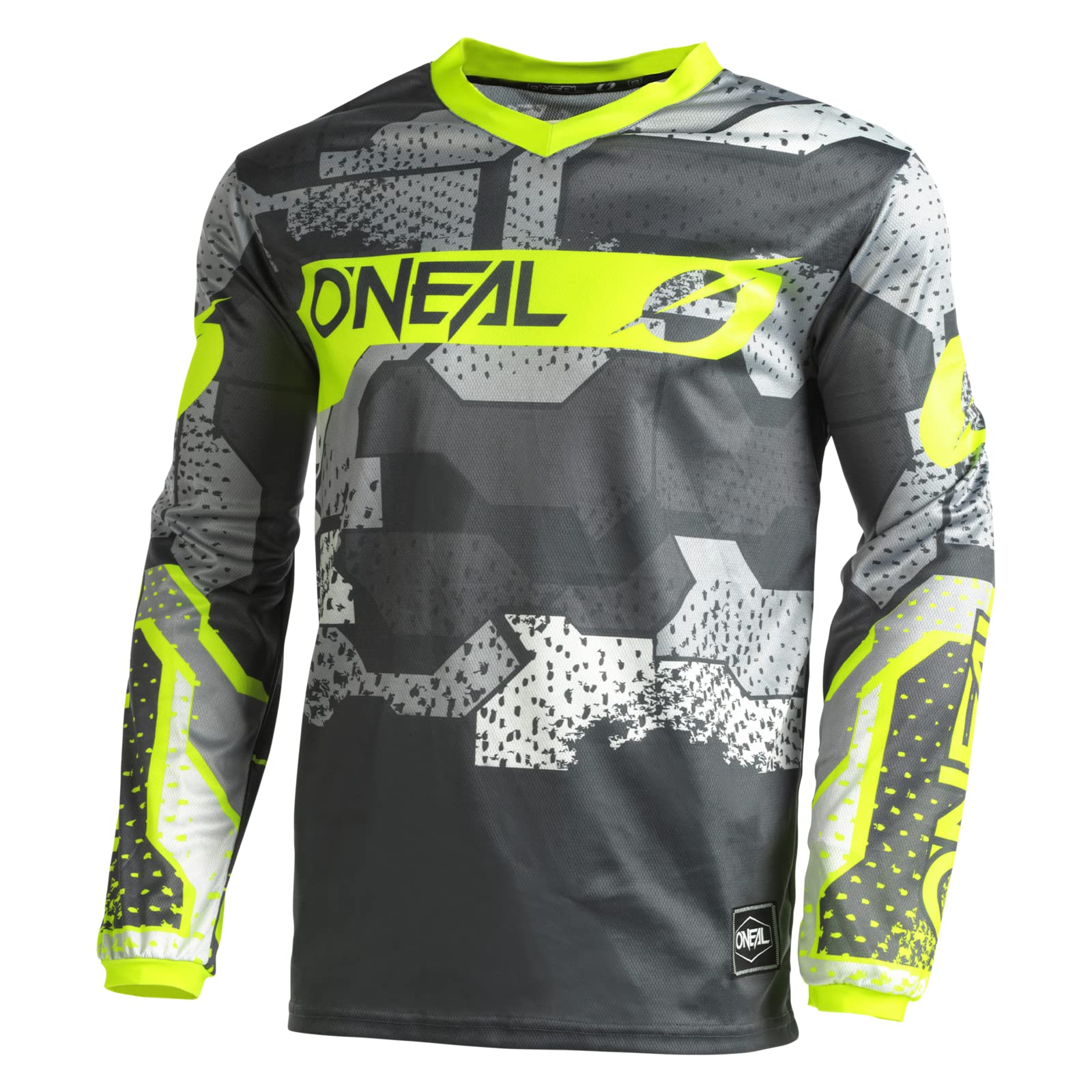 O'NEAL | Motocross-Jersey Langarm | MX Enduro | Gepolsterter Ellbogenschutz, V-Ausschnitt, atmungsaktiv | Element Jersey Camo V.22 | Erwachsene | Grau Neon-Gelb | Größe L von O'NEAL