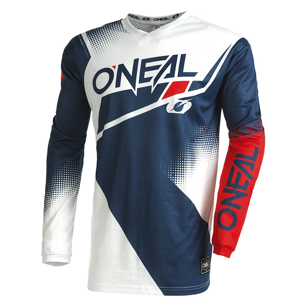 O'NEAL | Motocross-Jersey Langarm | MX Enduro | Gepolsterter Ellbogenschutz, V-Ausschnitt, atmungsaktiv | Element Jersey Racewear V.22 | Erwachsene | Blau Weiß Rot | Größe L von O'NEAL