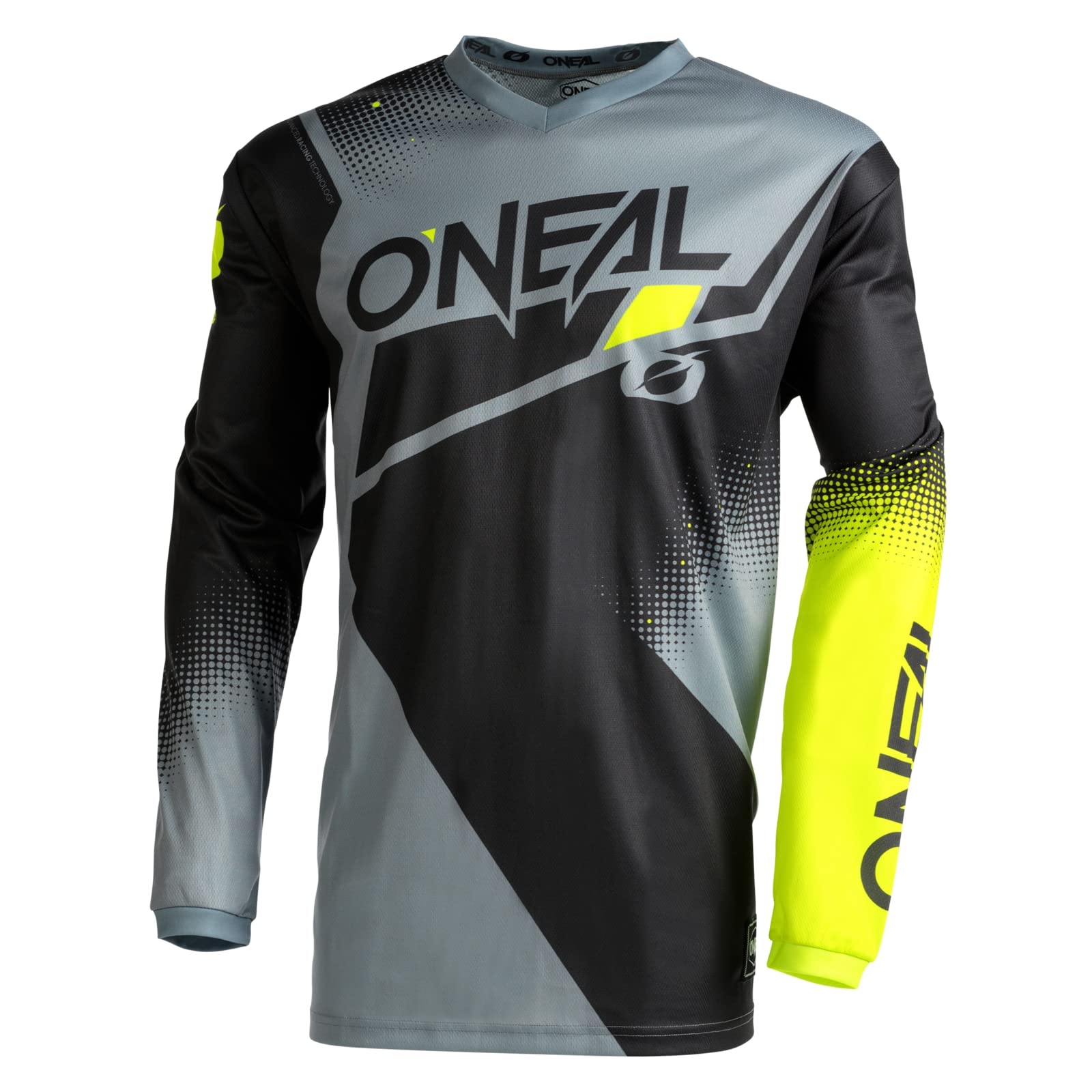 O'NEAL | Motocross-Jersey Langarm | MX Enduro | Gepolsterter Ellbogenschutz, V-Ausschnitt, atmungsaktiv | Element Jersey Racewear V.22 | Erwachsene | Schwarz Grau Neon-Gelb | Größe L von O'NEAL