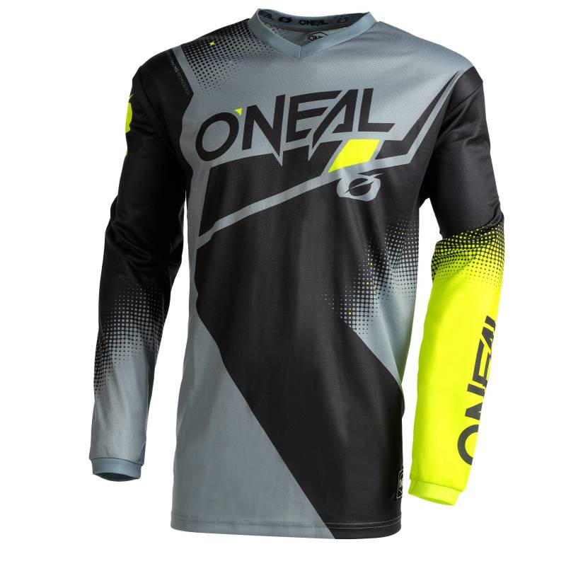 O'NEAL | Motocross-Jersey Langarm | MX Enduro | Gepolsterter Ellbogenschutz, V-Ausschnitt, atmungsaktiv | Element Jersey Racewear V.22 | Erwachsene | Schwarz Grau Neon-Gelb | Größe S von O'NEAL