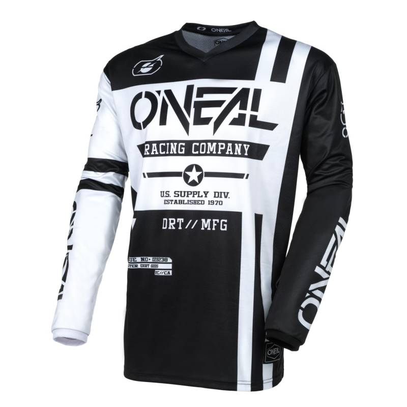 O'NEAL | Motocross-Jersey Langarm | MX Enduro | Gepolsterter Ellbogenschutz, V-Ausschnitt, atmungsaktiv | Element Jersey Warhawk V.24 | Erwachsene | Schwarz Weiß | Größe M von O'NEAL