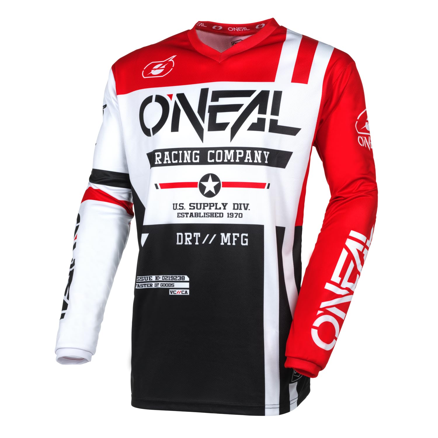 O'NEAL | Motocross-Jersey Langarm | MX Enduro | Gepolsterter Ellbogenschutz, V-Ausschnitt, atmungsaktiv | Element Jersey Warhawk V.24 | Erwachsene | Schwarz Weiß Rot | Größe L von O'NEAL