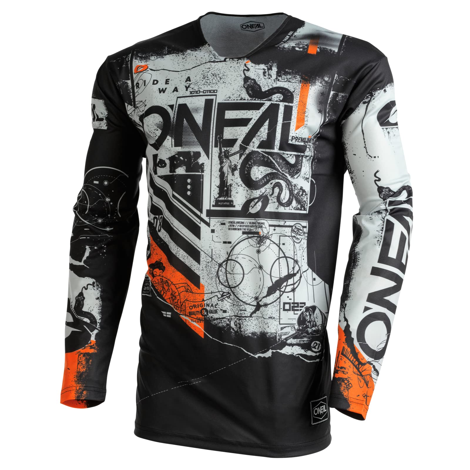 O'NEAL | Motocross-Shirt langarm | MX MTB Mountainbike | Leichtes Material, ergonomischer Slim Fit Schnitt für perfekte Passform | Mayhem Jersey Scarz V.22 | Erwachsene | Schwarz Grau Orange | Größe S von O'NEAL