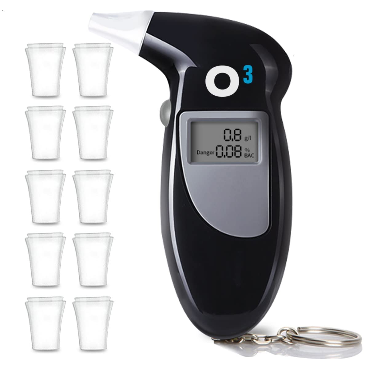 O³ Zugelassener Alkoholtester mit LCD-Display, mit 10 Mundstücken, tragbarer Alkoholtester, zugelassen für die Rückkehr nach Hause von O³