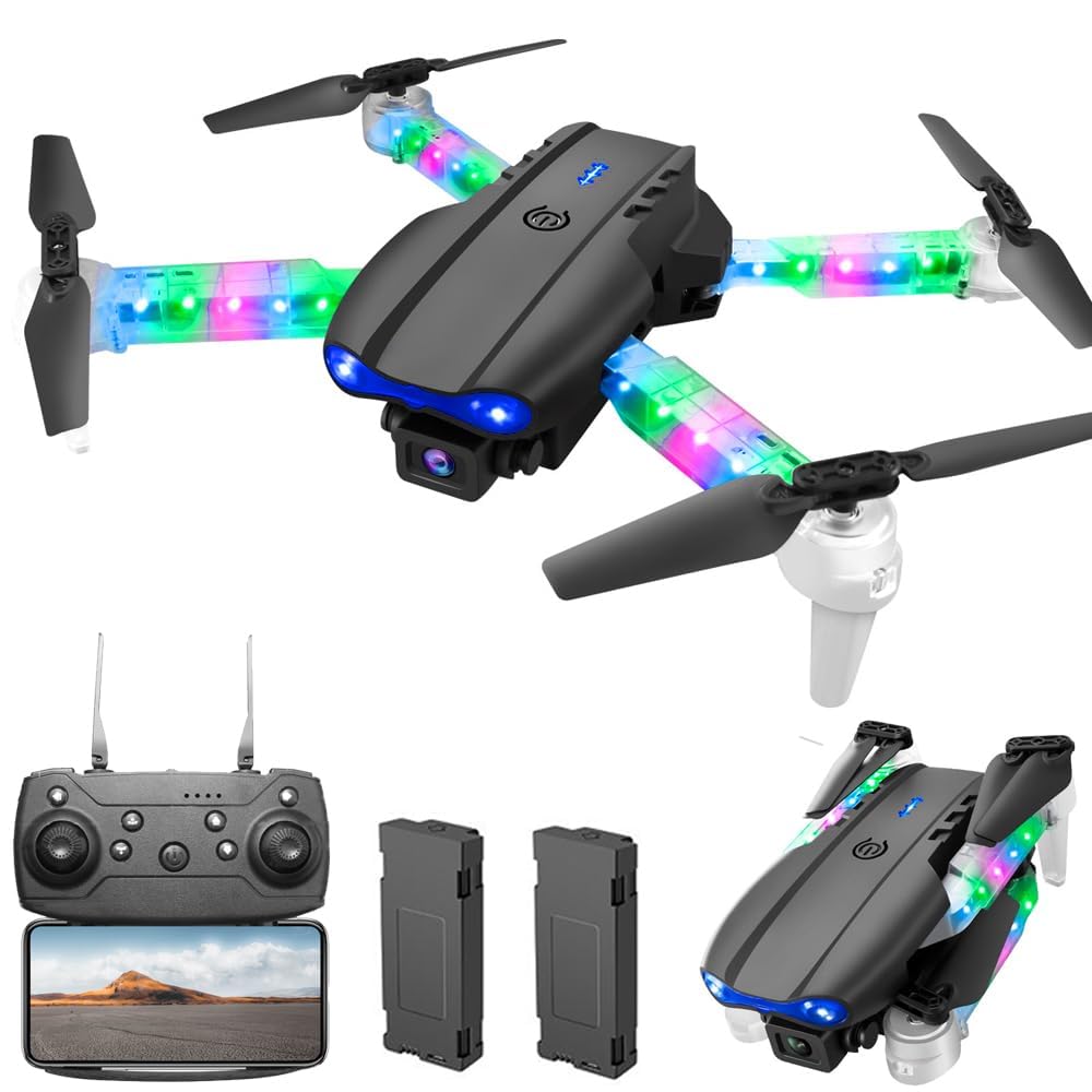 OBEST Drohne mit Kamera 1080P mit LED Lichter für Kinder und Erwachsene, Faltbar Quadcopter mit WiFi Übertragung, One Key Start/Landen, 3D Flips, 2 Akkus, Drone Spielzeug Geschenke für Jungen Mädch von OBEST