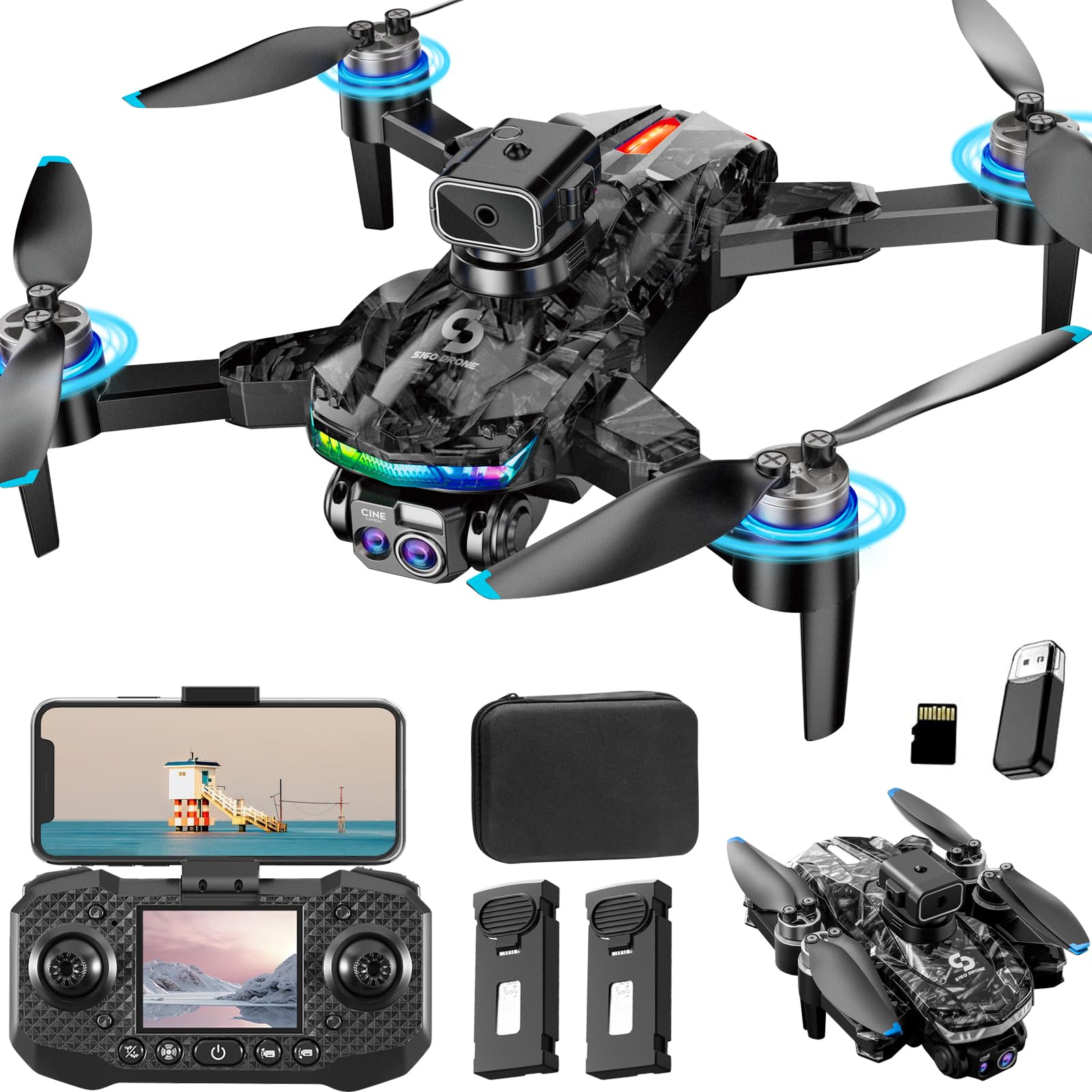 OBEST Drohne mit Kamera und RC Grip, bürstenloser Motor Drohne mit RGB-Lichtern, faltbarer Quadcopter mit Doppelkamera 1080P für Erwachsene und Kinder von OBEST