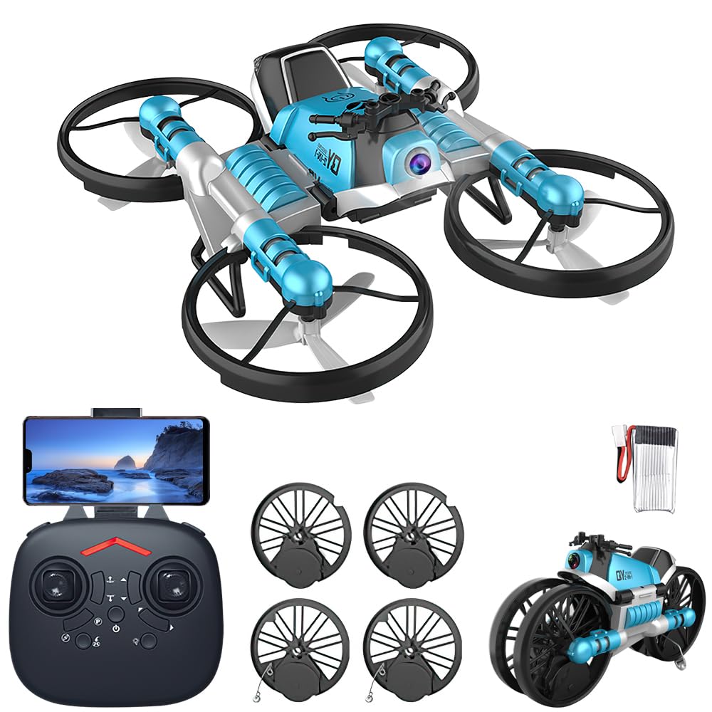 OBEST Mini Drohne mit 720P Kamera für Kinder,2-in-1 Faltbarer Quadcopter und RC Transformer Motorrad, Land und Luft Kinderspielzeug mit Lichtern und 2 Batterien von OBEST