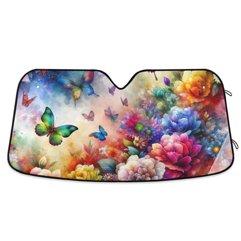 Aquarell Blumen Schmetterlinge Auto Sonnenschutz Windschutzscheibe UV Reflektor Auto Frontscheibe Sonnenschutz Schützen Sie Ihr Auto von ODAWA