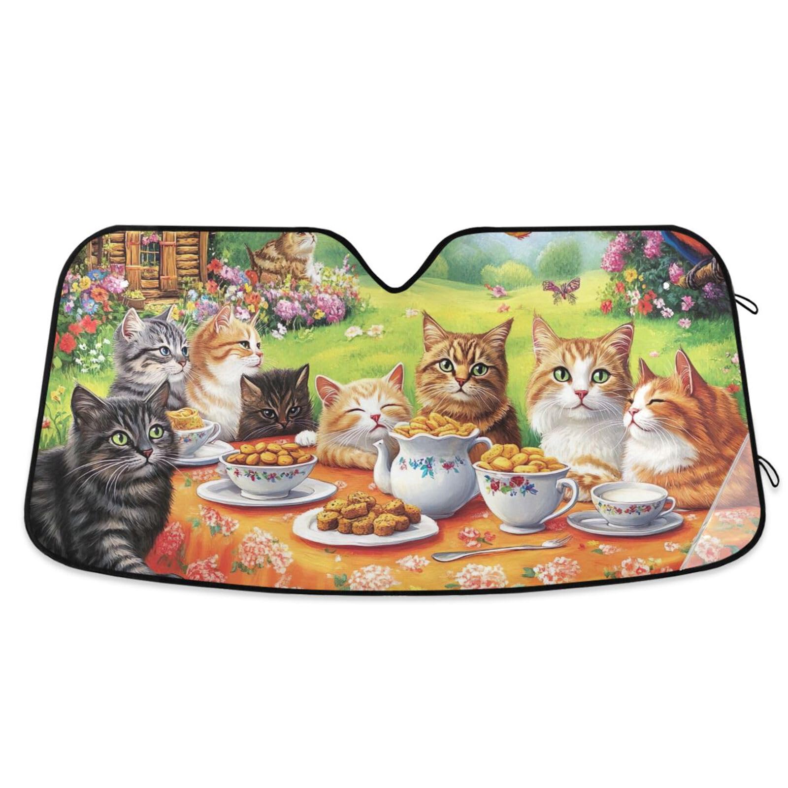 Cats Afternoon Tea grüner Auto-Sonnenschutz, UV-Sonnenblende und Hitzereflektor, um das Fahrzeug kühl zu halten von ODAWA