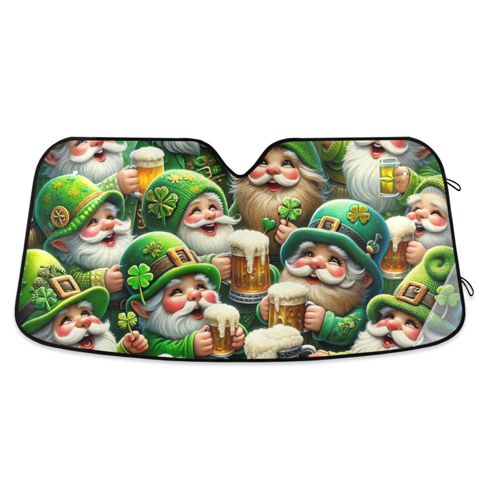 St. Patrick's Day Gnomes Auto-Windschutzscheiben-Sonnenschutz, UV-Reflektor, Auto-Frontscheibe, Sonnenschutz, volle Abdeckung, Sonnenschutz für die meisten Fahrzeuge, Grün von ODAWA