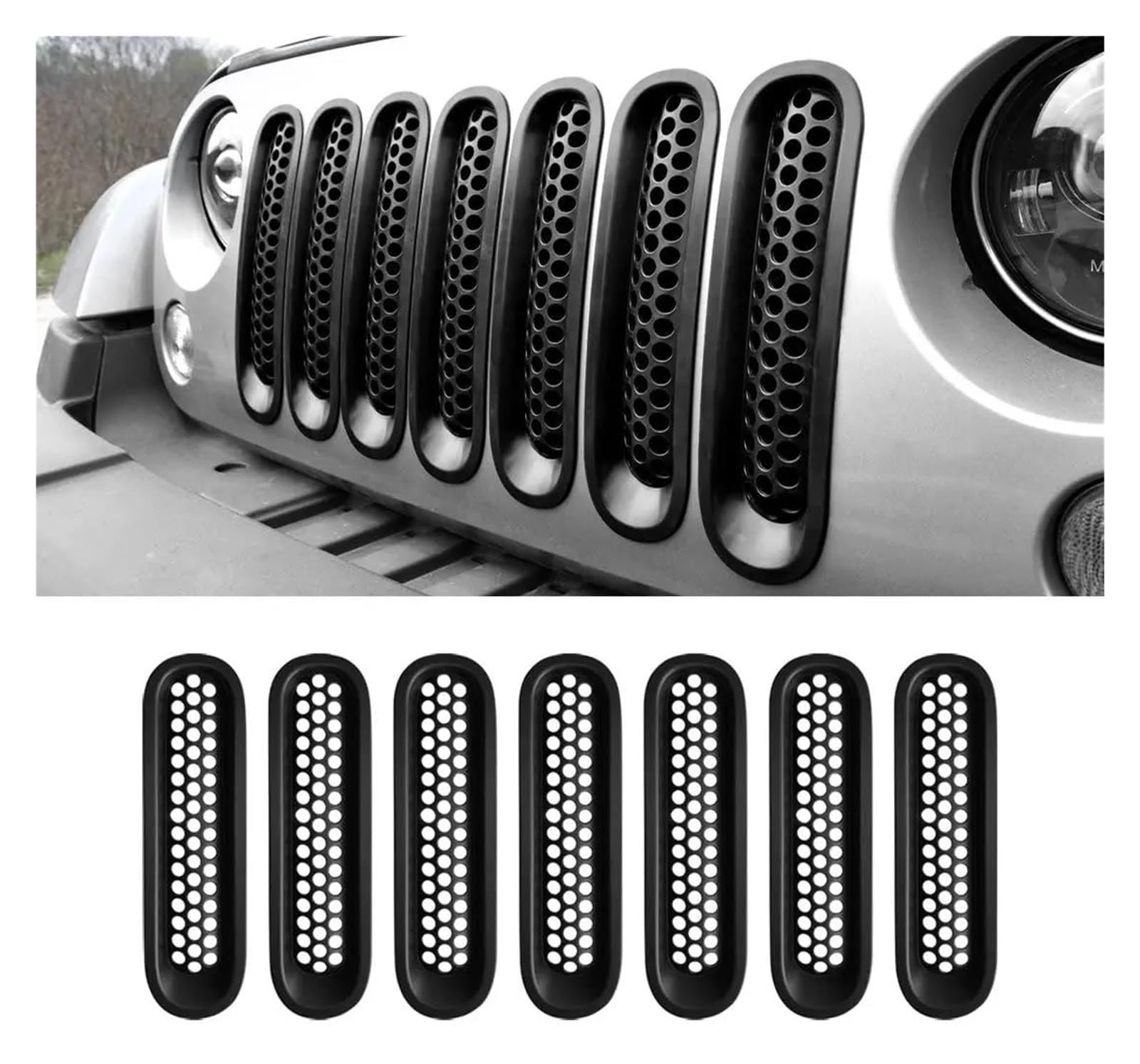 Kühler Außenzubehör 7-TLG. Auto-Clip-in-Kühlergrill-Netzeinsätze Gittergrillschutz Für Jeep Für Wrangler JK Für JKU 2007-2015 Grill(Matt-schwarz) von ODKBFG