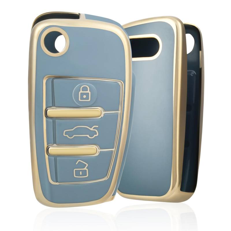 OFF WE GO Autoschlüssel Hülle für Audi Schlüsselhülle Cover für A3 S3 A4 S4 RS4 A6 S6 RS6 Q7 TT TTS R8 3 Tasten Auto Schlüssel Schutzhülle Schlüsselbox, Blau Gold von OFF WE GO