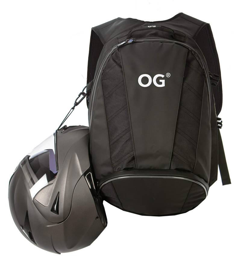 OG Original EZ-RiderPRO Motorrad Rucksack Schwarz Erweiterbar 28-35L, Motorradhelm-Tasche, Helm-Trageriemen, Wasserdicht, Laptop-Fach, Reflektierend, Weiss Logo von OG Original