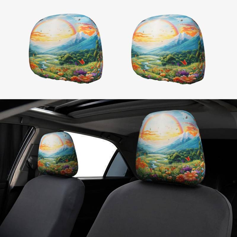 OIBNKCN Dreamy Rainbow Garden Weihnachtsmannmütze für Auto-Kopfstützenbezüge, weiches Polyester, Ersatz-Kopfstützen für Autos, einfach zu installierende Autositz-Kopfstütze von OIBNKCN