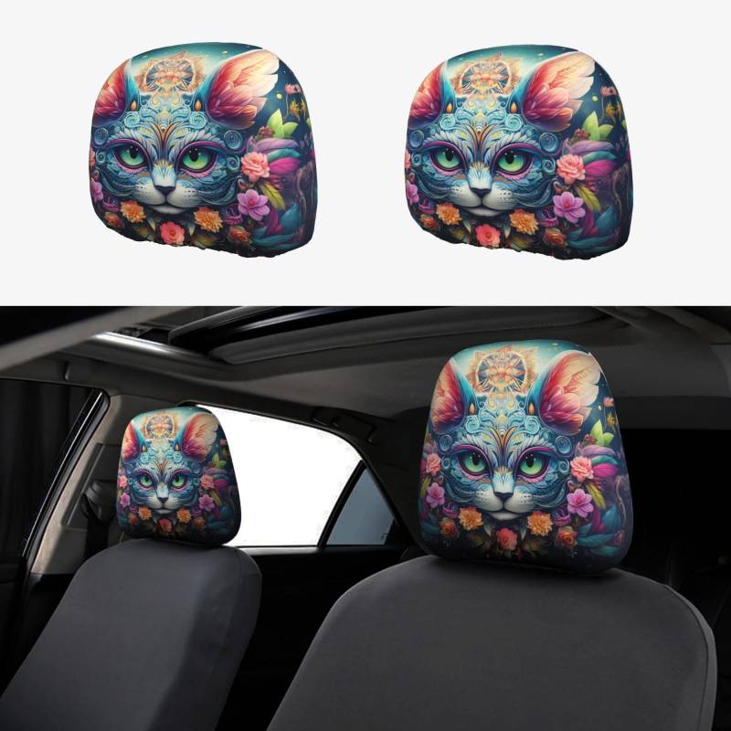 OIBNKCN Fantastische und geheimnisvolle Katzen-Weihnachtsmannmütze für Auto-Kopfstützenbezüge, weiches Polyester, Ersatz-Kopfstützen für Autos, einfach zu installierende Autositz-Kopfstütze von OIBNKCN