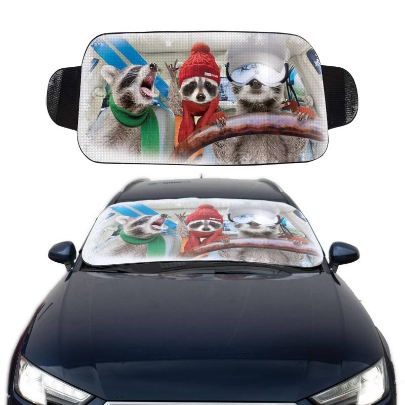 OK Cars Alu Windschutzscheibenabdeckung Waschbär – 150 x 70 cm – Frontscheibenabdeckung Winter – Universell passender Frostschutz Auto – Faltbare Auto Frostschutz Abdeckung von OK Cars