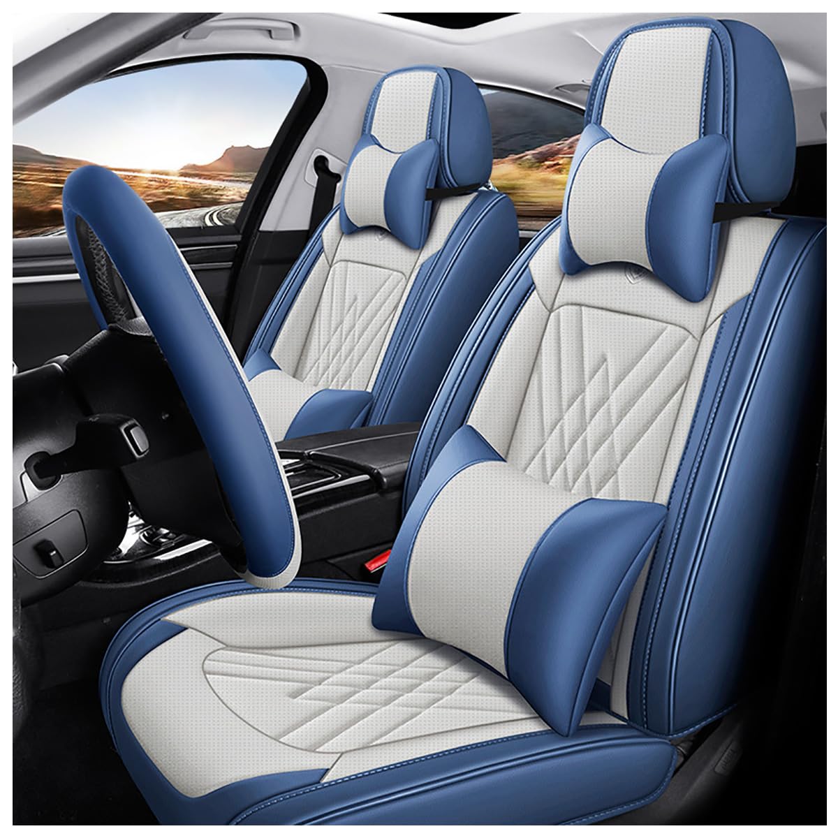 OKNGHPLIU 5 Sitzer Autositzbezüge Komplett Set für BMW X5 Edition 10 Jahre (2009), Allwetter Leder Schonbezüge Wasserdicht Sitzschoner Zubehör,A/Luxurious-A/Beige-Blue von OKNGHPLIU