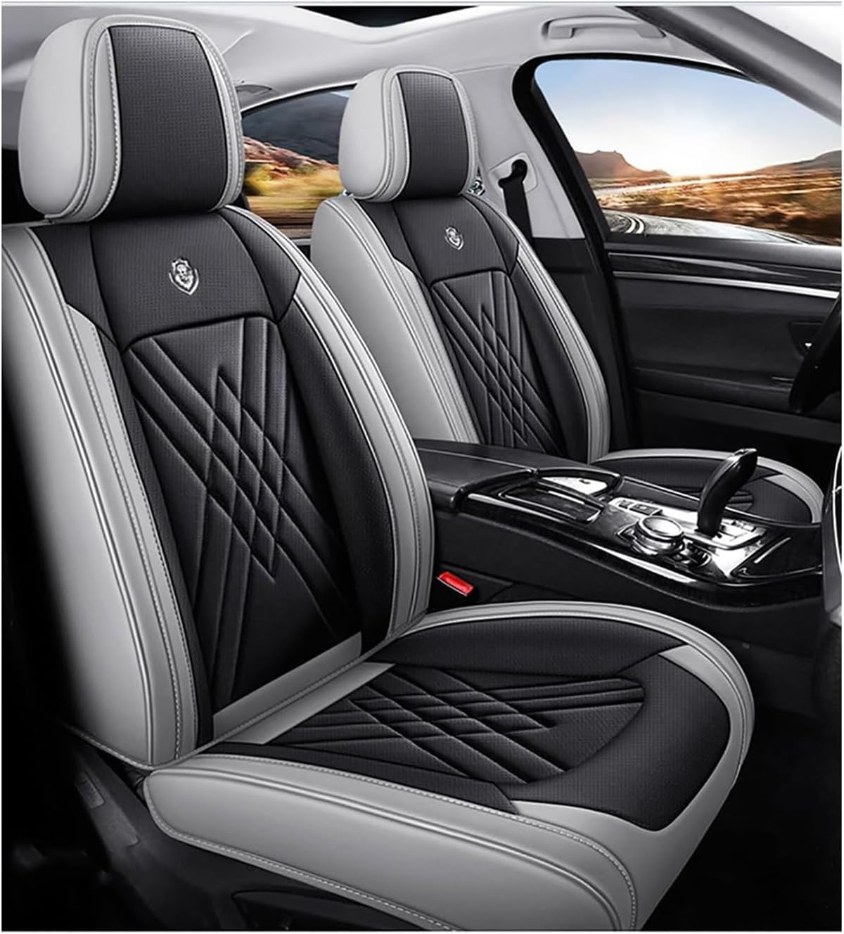 OKNGHPLIU 5 Sitzer Autositzbezüge Komplett Set für Cadillac ATS 2013-2014, Allwetter Leder Schonbezüge Wasserdicht Sitzschoner Zubehör,A/Standard-A/Black-Grey von OKNGHPLIU