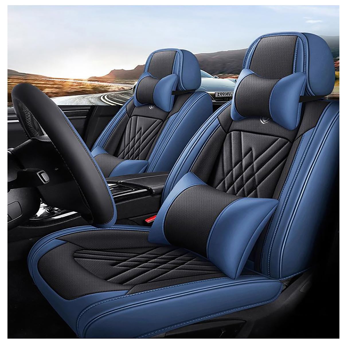 OKNGHPLIU 5 Sitzer Autositzbezüge Komplett Set für Citroen C-Elysee II 2012-2025+, Allwetter Leder Schonbezüge Wasserdicht Sitzschoner Zubehör,A/Luxurious-A/Black-Blue von OKNGHPLIU