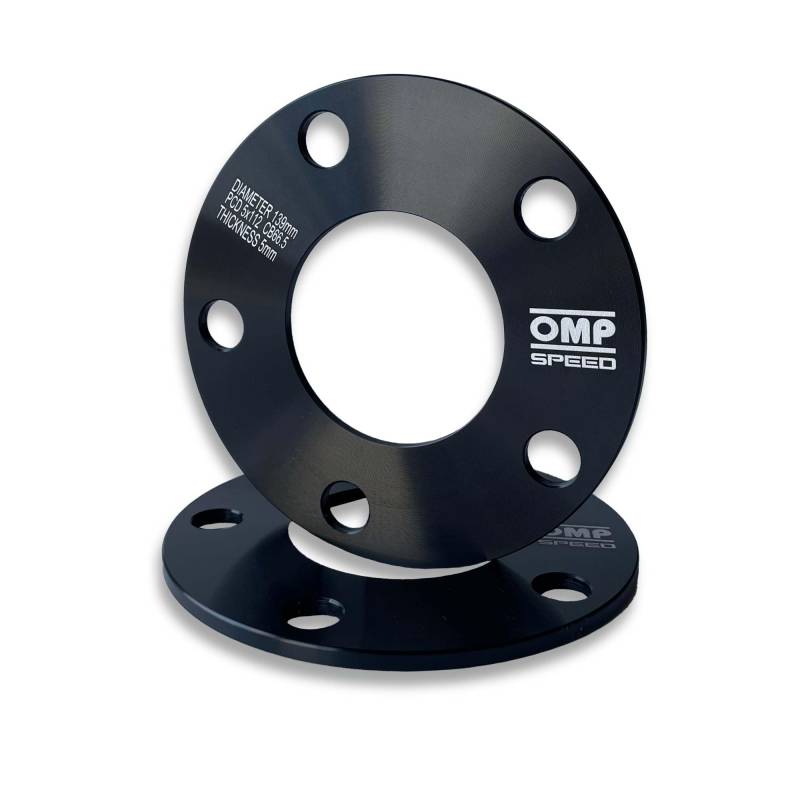 OMP Speed Satz von 2 Spurverbreiterungen Stärke: 5mm PCD: 5x112 CB: 66.5 OD: 139 Schrauben x10 M12x1.5 Kegel + Felgenschloss Schwarz Aluminium - OMPS08720501 von OMP